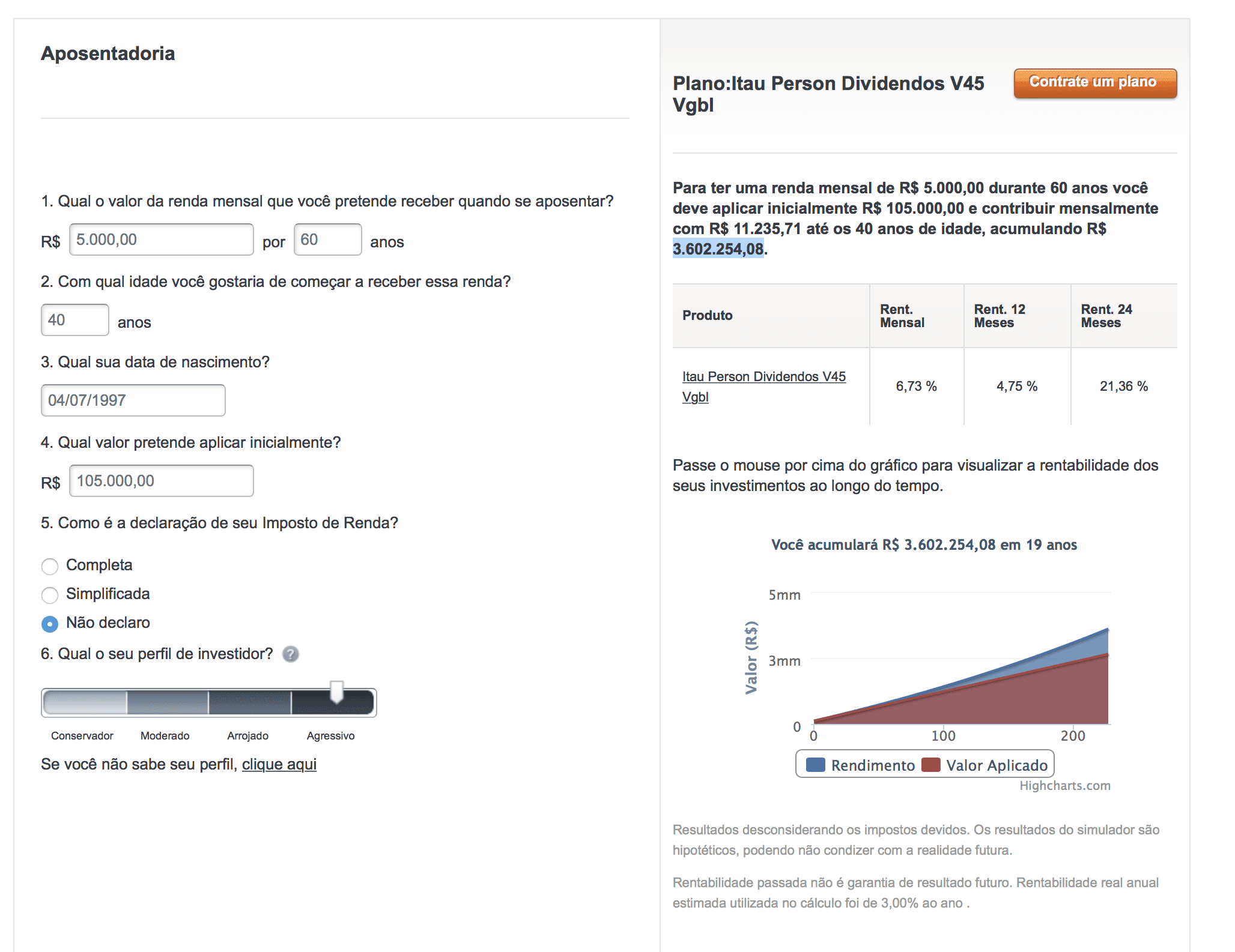 Simulação da pevidência privada Itaú